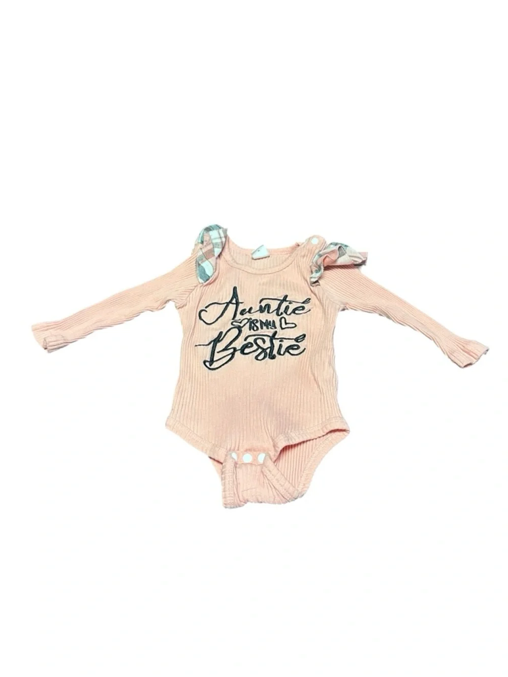 SHEIN Pink Ribbed Long-Sleeve Bodysuit with Navy Script - Picture 1 of 4